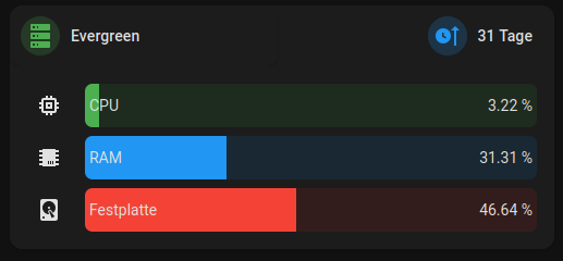 Screenshot from HomeAssistant dashboard with a card showing CPU, RAM and Disk usage as bar charts